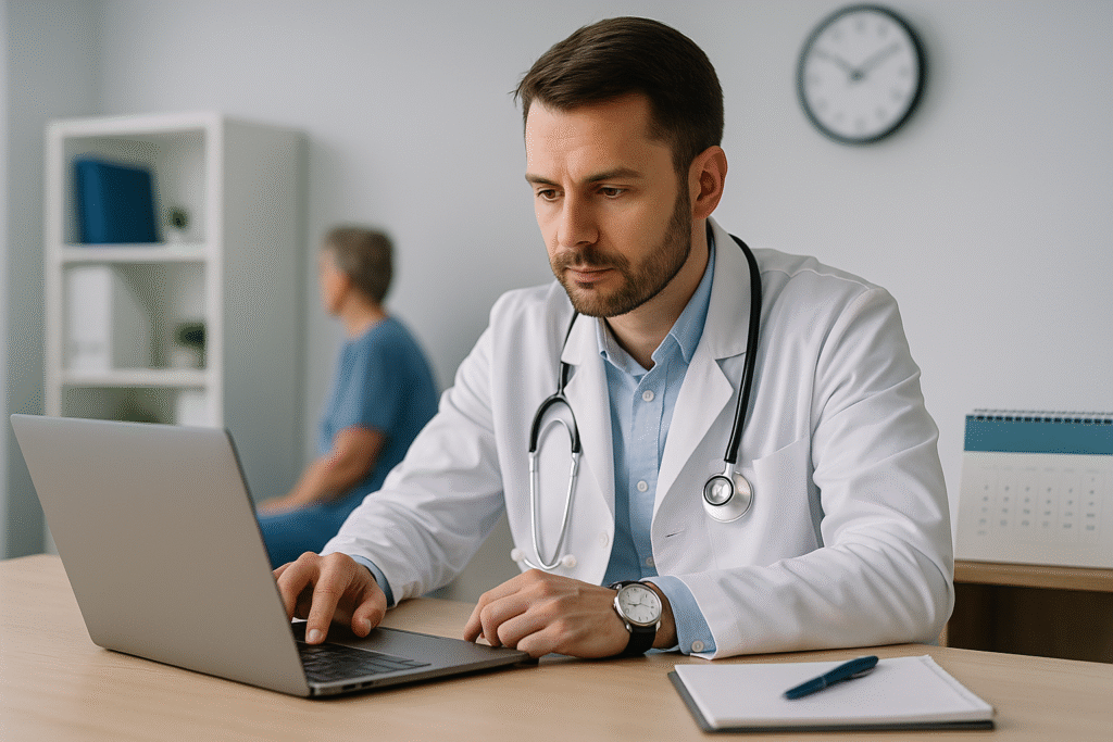 Como a IA devolve tempo ao médico na consulta: 3 vilões e o que fazer Médico em consultório usando o computador, expressão concentrada.