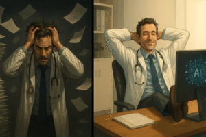 Médico sobrecarregado com papéis versus médico relaxado graças à inteligência artificial no consultório.