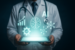 Médico segurando tablet com elementos digitais de inteligência artificial