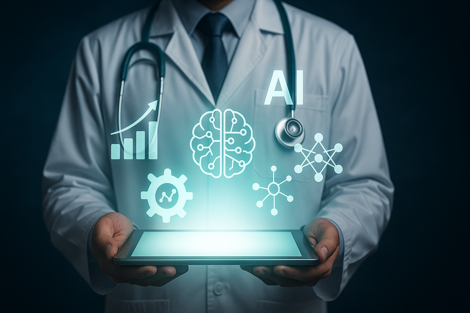 Tendências de Inteligência Artificial na Saúde em 2025 Médico segurando tablet com elementos digitais de inteligência artificial