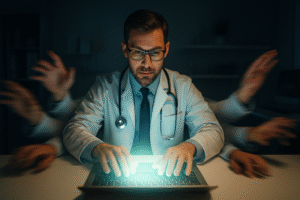 Médico digitando muito rápido porque está utilizando prompts de IA e ganhando produtividade