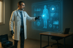 Médico em consultório utilizando tecnologia avançada interage com painel holográfico azul de saúde digital, exibindo corpo humano e gráficos médicos. Conceito de inteligência artificial aplicada à medicina, inovação e automação para consultórios.