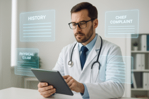 Médico em consultório usando notebook, de onde saem hologramas com campos de anamnese clínica. Luz gradiente em verde e branco ilumina a cena, transmitindo modernidade e tecnologia.