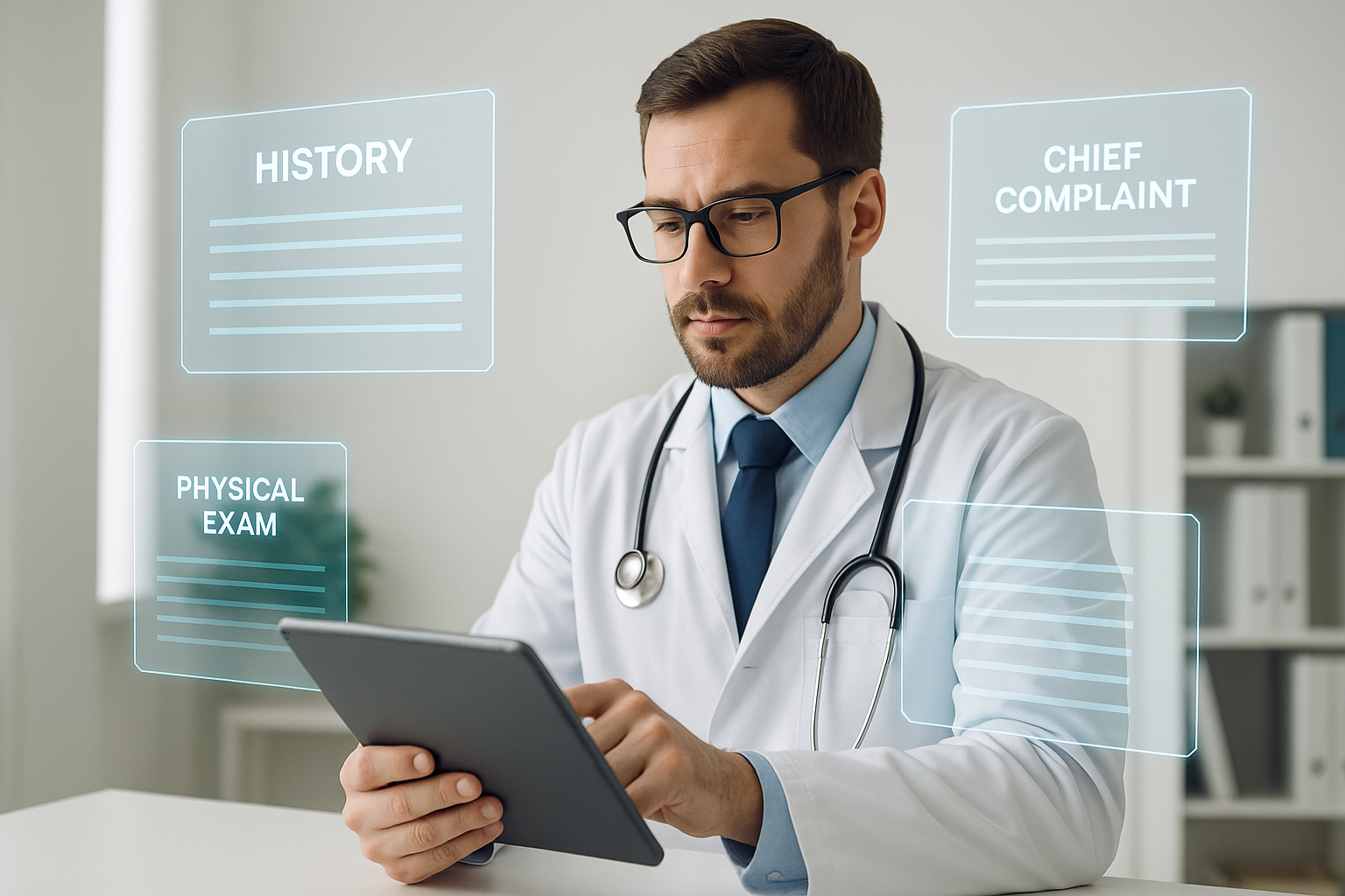 Como usar a anamnese automática do Livina Médico em consultório usando notebook, de onde saem hologramas com campos de anamnese clínica. Luz gradiente em verde e branco ilumina a cena, transmitindo modernidade e tecnologia.