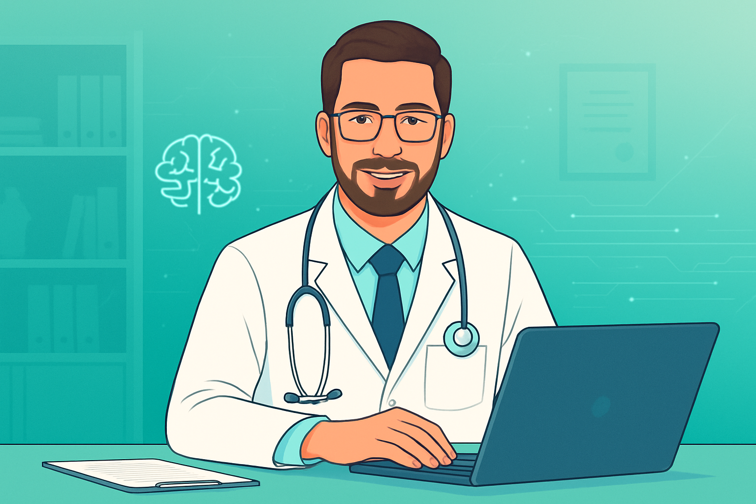 Inteligência Artificial na Medicina: Mitos e Verdades que Todo Médico Precisa Saber Médico usando computador no consultório, com elementos digitais representando inteligência artificial.