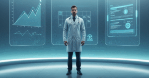 Médico autônomo em consultório tecnológico, projeção de hologramas de gráficos e agenda digital. Cena iluminada por gradiente verde e branco, transmitindo inovação acessível.