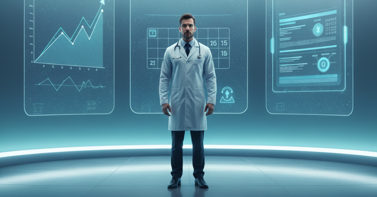 Por que clínicas pequenas não podem mais ignorar a IA Médico autônomo em consultório tecnológico, projeção de hologramas de gráficos e agenda digital. Cena iluminada por gradiente verde e branco, transmitindo inovação acessível.